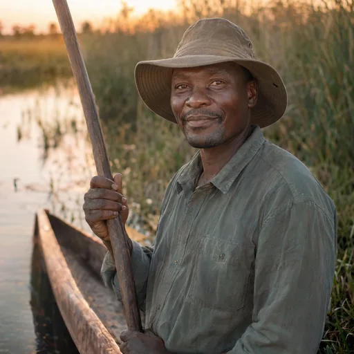 Kabo Mogotsi, mokoro poler and safari guide, at the edge of an Okavango Delta channel